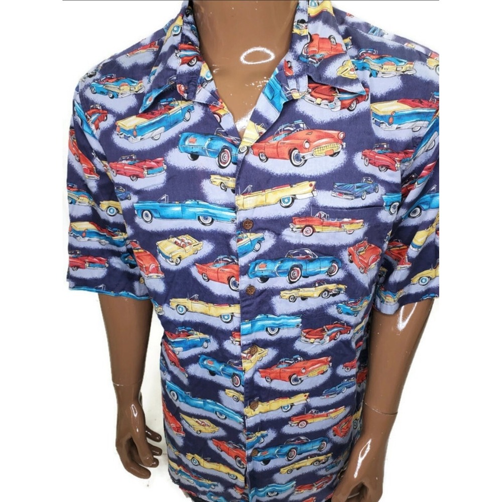 Reyn Spooner Mens Egyptian Cotton Vintage Car Print Button Down Shirt Navy XL